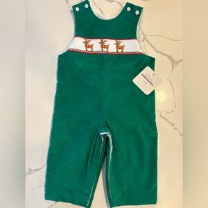 NWT 12m Petit Bebe Christmas Reindeer Green Corduroy Jon Jon